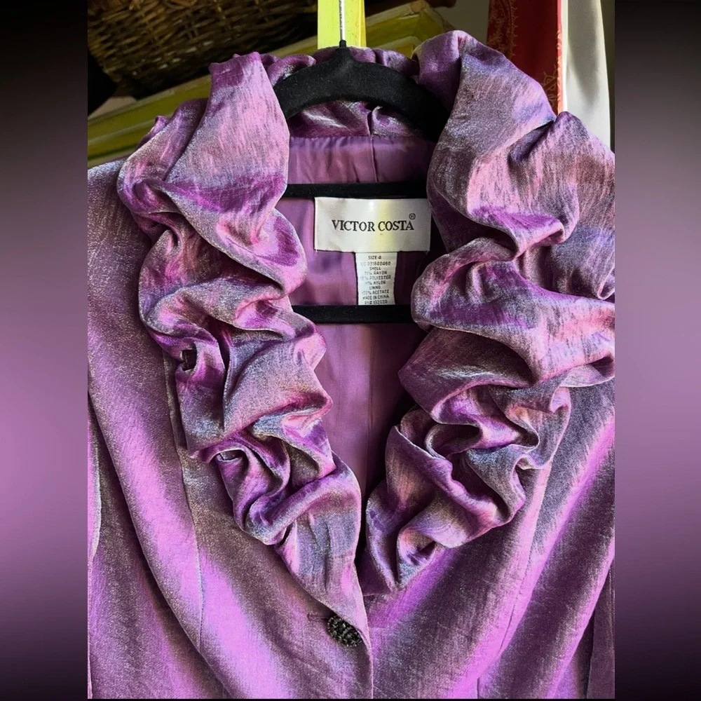 VICTOR COSTA Iridescent Ruffle Blazer Purple Shimmer Women’s Sz 4